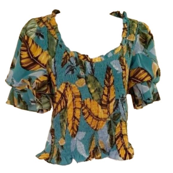Milk & Honey Tops - 🌴🥥Milk & Honey Tropical Printed Ruched Puff Sleeve Top, Size Small